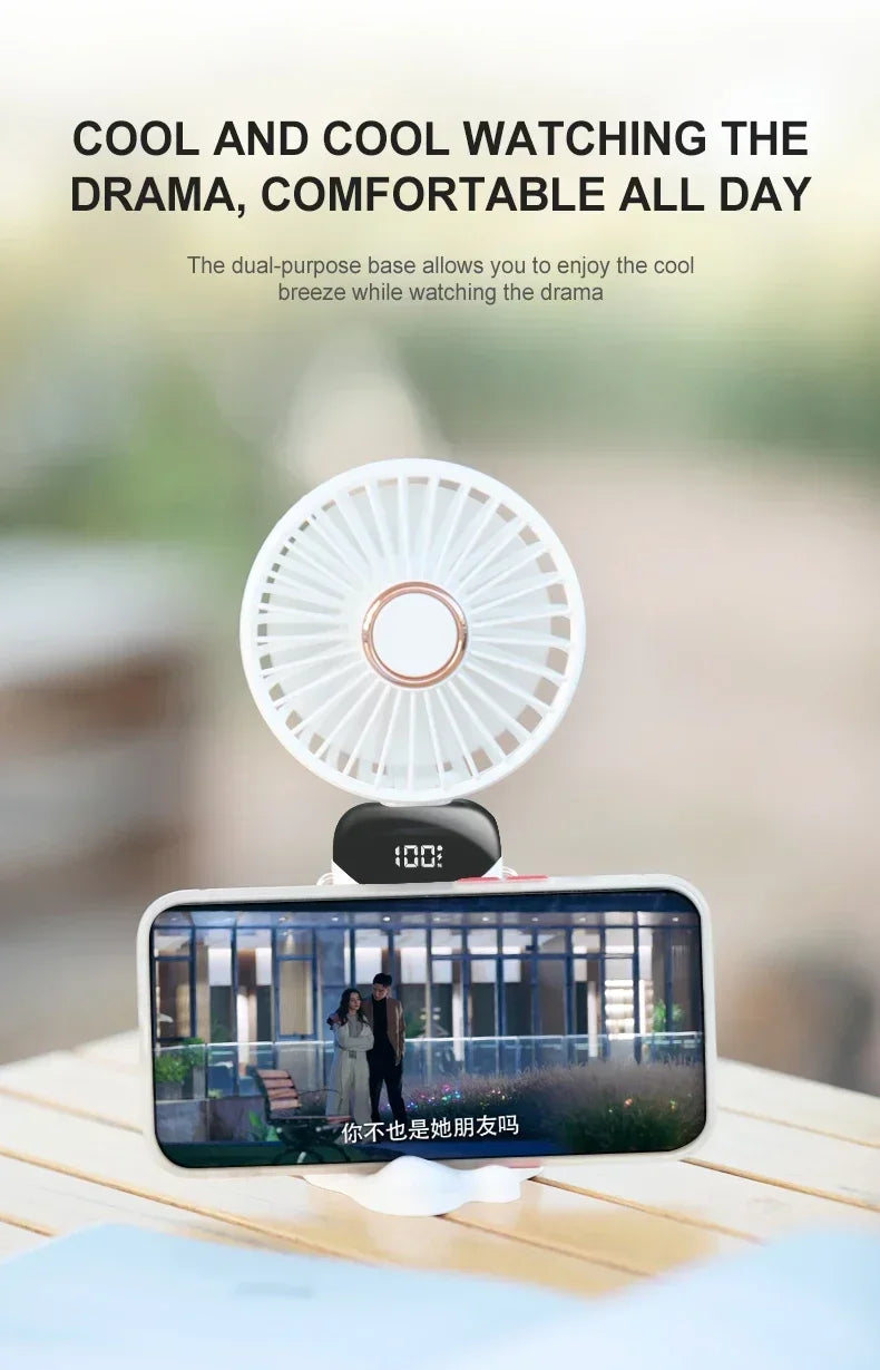 Handheld Mini Fan 1200mAh Foldable Portable Desk Outdoor Neck Hanging 5 Speed USB Rechargeable Fan Phone Stand Display Screen