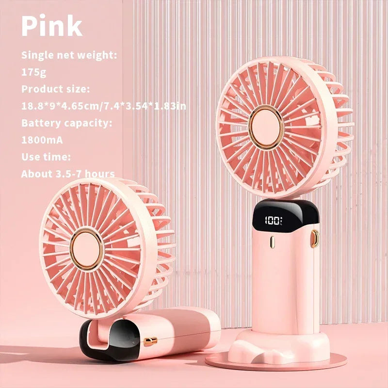 Handheld Mini Fan 1200mAh Foldable Portable Desk Outdoor Neck Hanging 5 Speed USB Rechargeable Fan Phone Stand Display Screen
