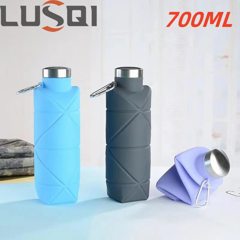 LUSQI 700ml Travel Outdoor Sports Silicone Folding Rhombus Water Bottle Portable Drop-Proof Water Cup Steel Lid Telescopic Cup