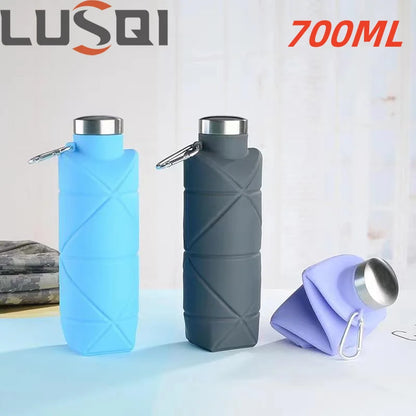 LUSQI 700ml Travel Outdoor Sports Silicone Folding Rhombus Water Bottle Portable Drop-Proof Water Cup Steel Lid Telescopic Cup