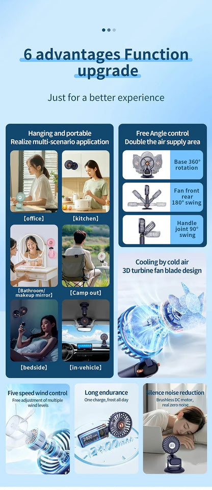 Handheld Mini Fan 1200mAh Foldable Portable Desk Outdoor Neck Hanging 5 Speed USB Rechargeable Fan Phone Stand Display Screen