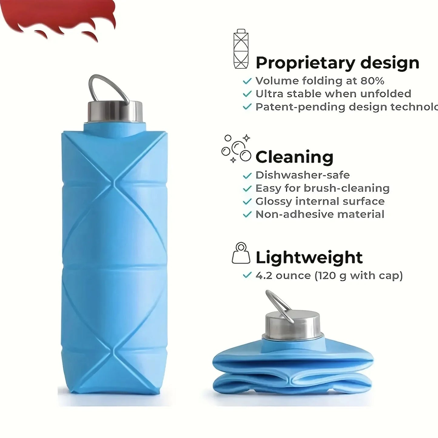 LUSQI 700ml Travel Outdoor Sports Silicone Folding Rhombus Water Bottle Portable Drop-Proof Water Cup Steel Lid Telescopic Cup