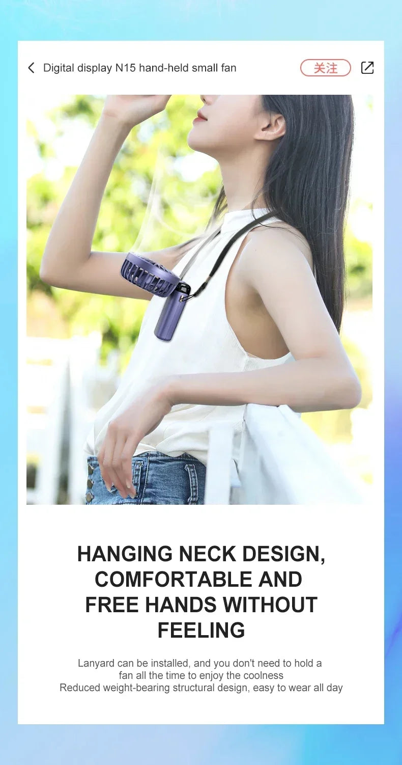 Handheld Mini Fan 1200mAh Foldable Portable Desk Outdoor Neck Hanging 5 Speed USB Rechargeable Fan Phone Stand Display Screen