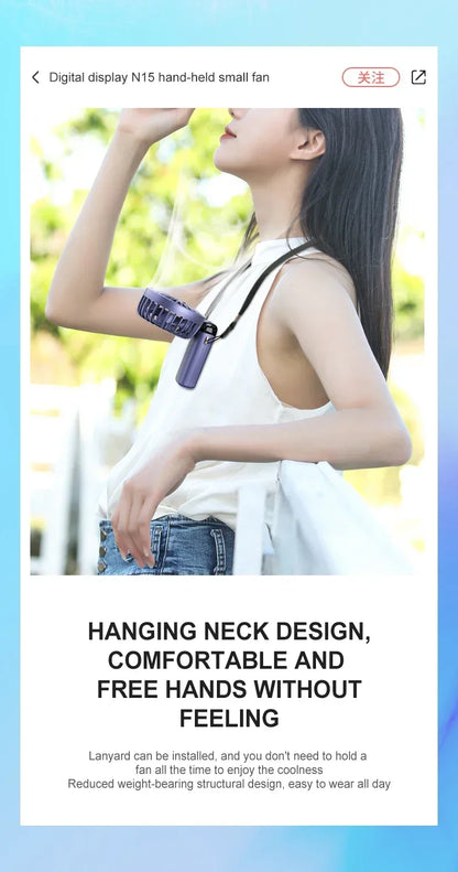 Handheld Mini Fan 1200mAh Foldable Portable Desk Outdoor Neck Hanging 5 Speed USB Rechargeable Fan Phone Stand Display Screen