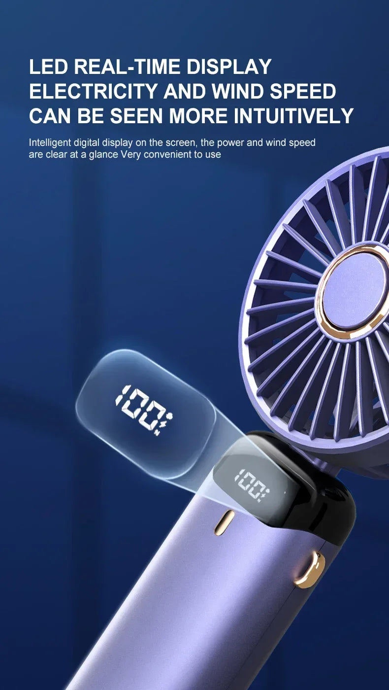 Handheld Mini Fan 1200mAh Foldable Portable Desk Outdoor Neck Hanging 5 Speed USB Rechargeable Fan Phone Stand Display Screen