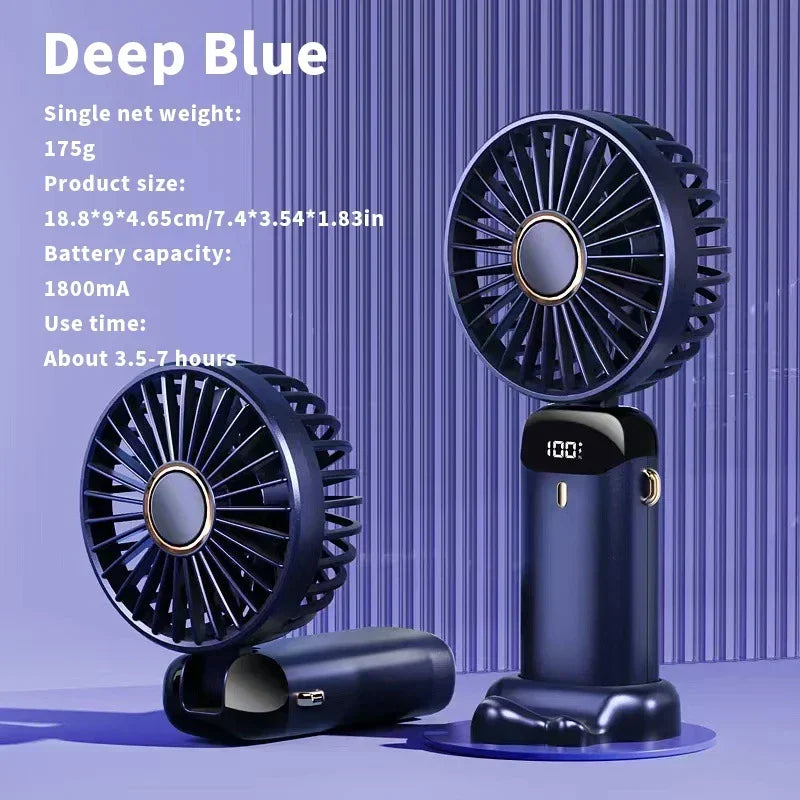 Handheld Mini Fan 1200mAh Foldable Portable Desk Outdoor Neck Hanging 5 Speed USB Rechargeable Fan Phone Stand Display Screen