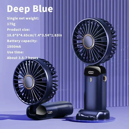 Handheld Mini Fan 1200mAh Foldable Portable Desk Outdoor Neck Hanging 5 Speed USB Rechargeable Fan Phone Stand Display Screen