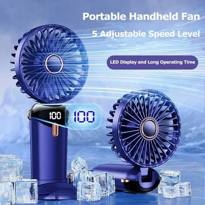 Handheld Mini Fan 1200mAh Foldable Portable Desk Outdoor Neck Hanging 5 Speed USB Rechargeable Fan Phone Stand Display Screen