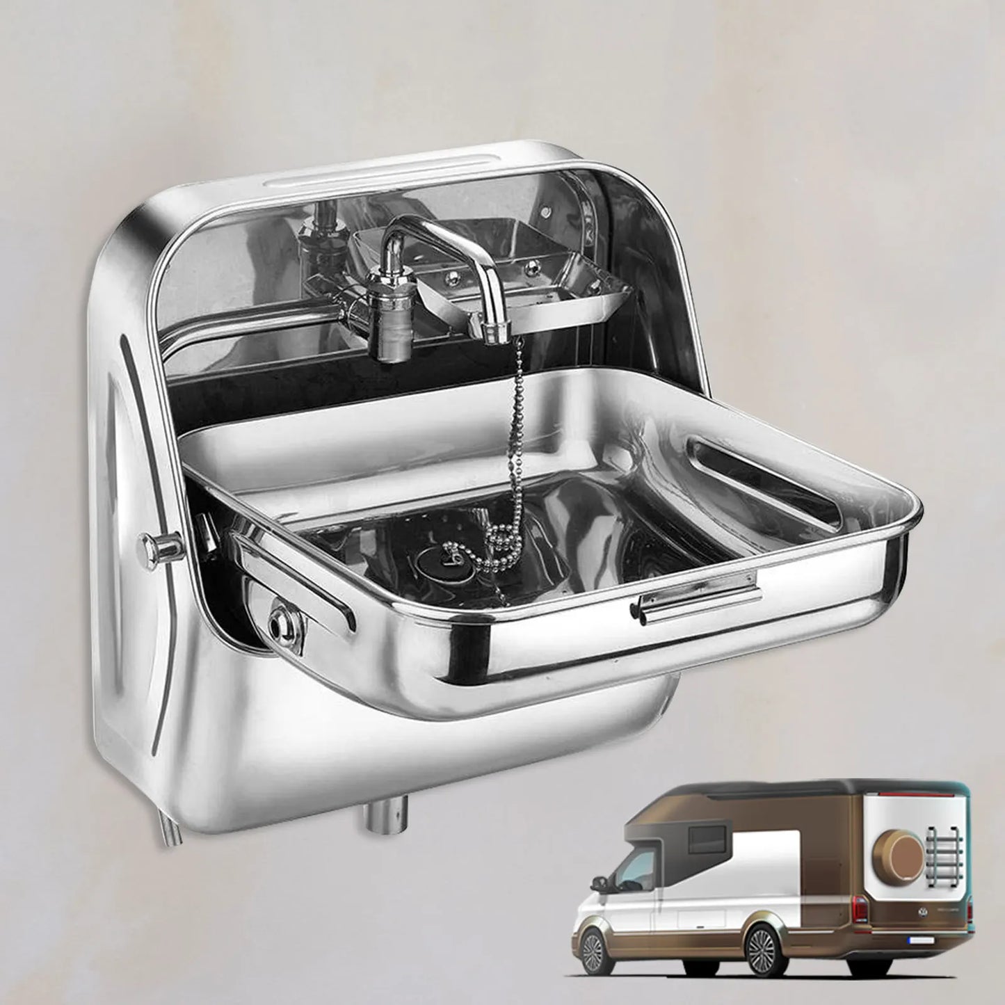 Wall-Mounted Folding RV Sink with Drainer & Cold Tap (304 Stainless Steel)