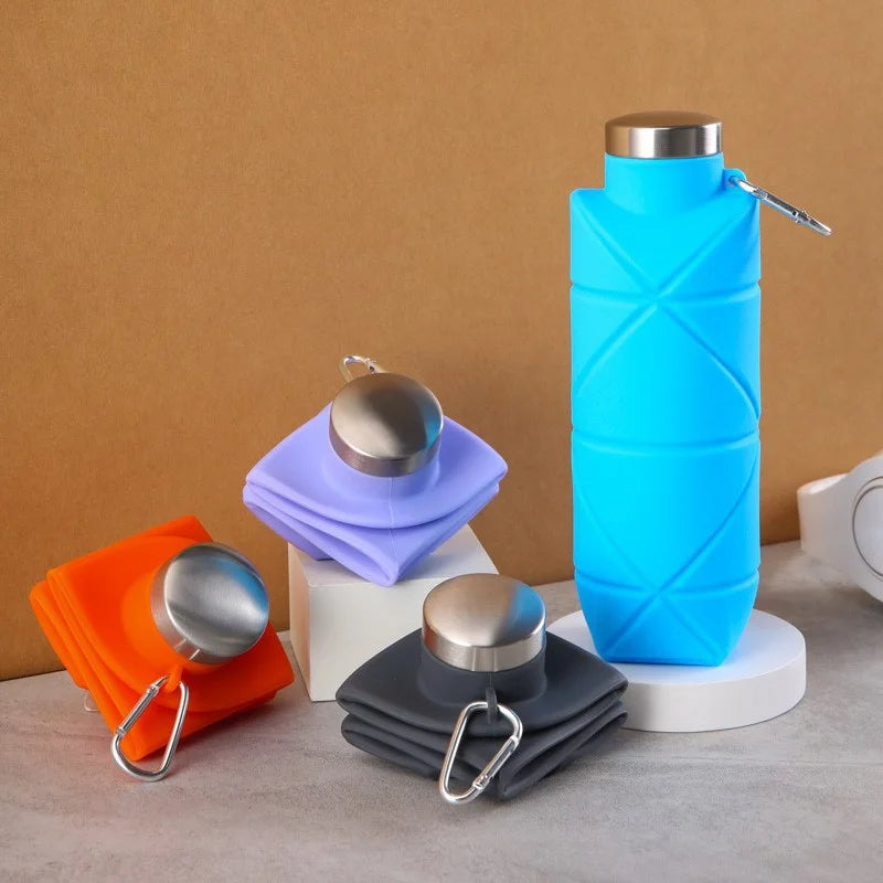 LUSQI 700ml Travel Outdoor Sports Silicone Folding Rhombus Water Bottle Portable Drop-Proof Water Cup Steel Lid Telescopic Cup