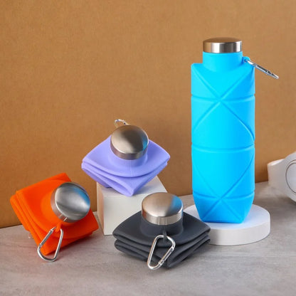 LUSQI 700ml Travel Outdoor Sports Silicone Folding Rhombus Water Bottle Portable Drop-Proof Water Cup Steel Lid Telescopic Cup