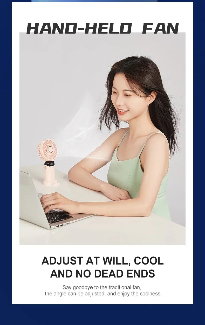 Handheld Mini Fan 1200mAh Foldable Portable Desk Outdoor Neck Hanging 5 Speed USB Rechargeable Fan Phone Stand Display Screen
