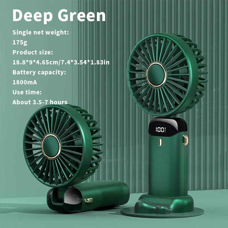 Handheld Mini Fan 1200mAh Foldable Portable Desk Outdoor Neck Hanging 5 Speed USB Rechargeable Fan Phone Stand Display Screen
