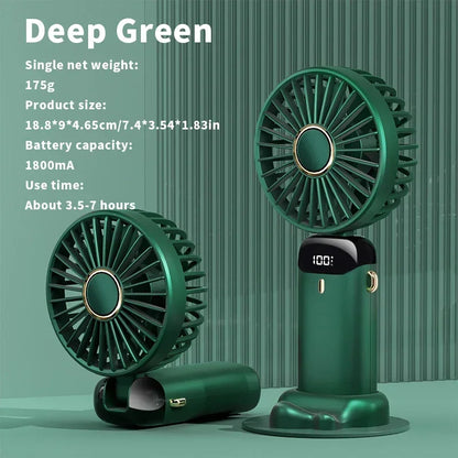 Handheld Mini Fan 1200mAh Foldable Portable Desk Outdoor Neck Hanging 5 Speed USB Rechargeable Fan Phone Stand Display Screen