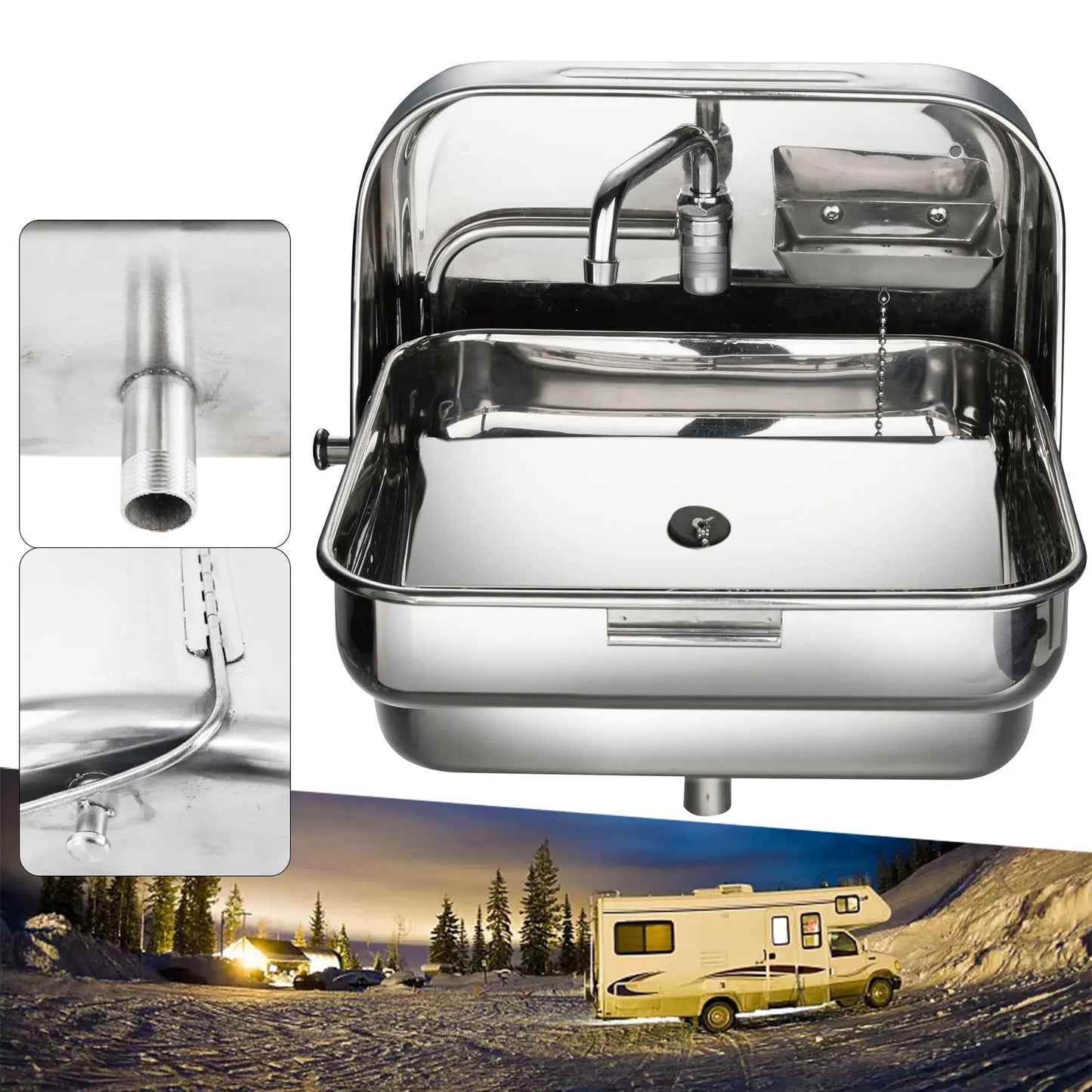 Wall-Mounted Folding RV Sink with Drainer & Cold Tap (304 Stainless Steel)