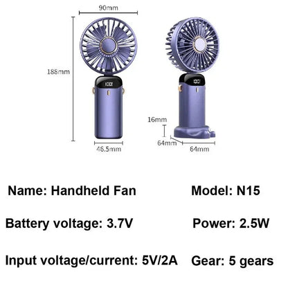 Handheld Mini Fan 1200mAh Foldable Portable Desk Outdoor Neck Hanging 5 Speed USB Rechargeable Fan Phone Stand Display Screen