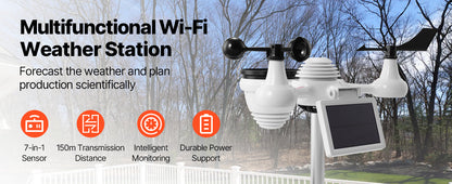 SucceBuy 7-in-1 Wi-Fi Weather Station 7.5 in Color Display + Solar Wireless Outdoor Sensor Alarm Alerts for Temperature Humidity